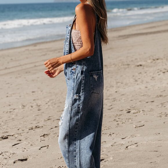 Dusk Blue Mineral Wash Wide-Leg Bib Overalls - Picture 2 of 2
